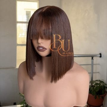 Brown Fringe Bone Straight Wig | 2x4 Closure